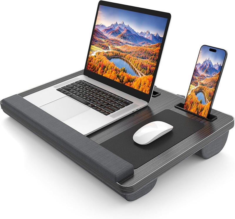HETTHI Laptop Lap Desk, Portable Large Laptop Desk for Bed, Up to 17 Inch Lap Pad Tray with Wrist Rest, Mouse Pad, Tablet Phone Slot, Portable Handle, Cushion (Black) - Image 1
